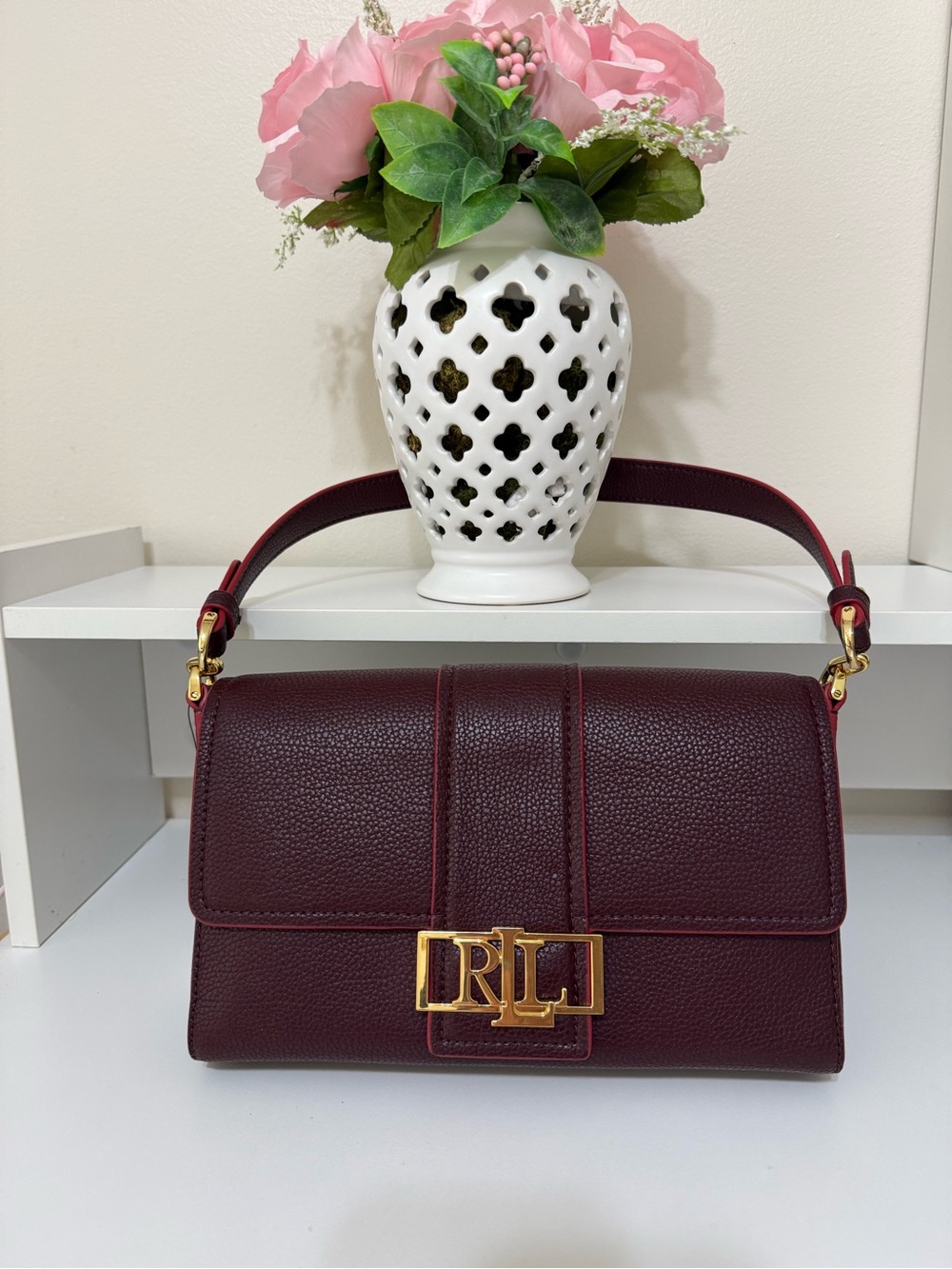 Ralph Lauren Deep Burgundy Pebbled Leather Shoulder Bag with Gold RL Hardware
